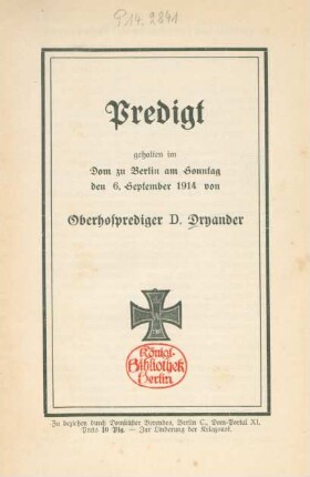 Predigt, gehalten im Dom zu Berlin am 6. September 1914
