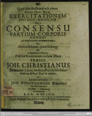 Exercitationem de consensu partium corporis humani ad circulationem accommodatam