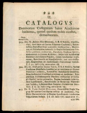 II. Catalogus Dominorum Collegarum huius Academiae, hactenus, quod quidem nobis constat, demortuorum.