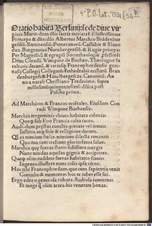 Oratio habita Berlinii in ede dive virginis Marie, dum illic sacris initiaretur Albertus Marchio Brandenb. anno 1513