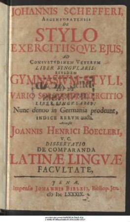 Johannis Schefferi, Argentoratensis De Stylo Exercitiisque Eius, Ad Consuetudinem Veterum Liber Singularis