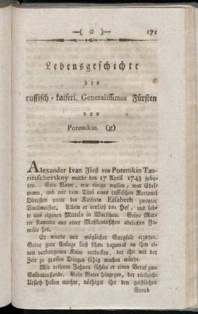 Lebensgeschichte des russisch-kaiserl. Generalissimus Fürsten von Potemkin.