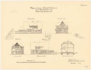 Bahnhofs-Nebengebäude, Stralsund Wagenmeisterei, Aufenthaltsraum, Werkstatt: Querschnitt, Ostansicht, Nordansicht, Südansicht, Westansicht, 1:100