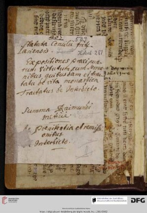 (Perg.) aus einer zweispaltigen liturgischen Hs. des 12./13. Jh.s: Inhaltsverzeichnis der Hs. (14./15. Jh.)
