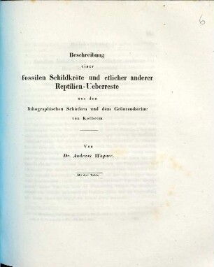 Beschreibung einer fossilen Schildkröte und etlicher anderer Reptilien-Ueberreste aus den lithographischen Schiefern und dem Grünsandsteine von Kelheim