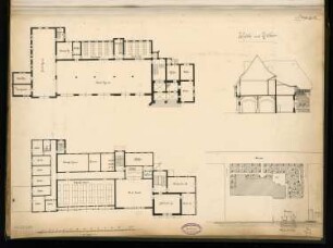 Ruderklubhaus Monatskonkurrenz Februar 1897: Lageplan; Grundriss Erdgeschoss, Obergeschoss, Querschnitt 1:150; Maßstabsleiste