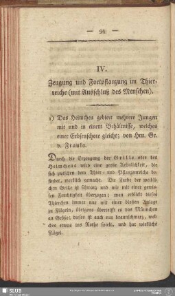 IV. Zeugung und Fortpflanzung im Thierreiche (mit Ausschluß des Menschen)