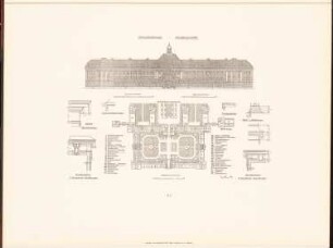 Rudolf Virchow-Krankenhaus, Berlin: Grundriss EG, Ansicht, Details Hauptgebäude (aus: Neubauten der Stadt Berlin, Bd. VI, 1907)