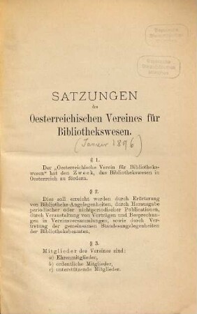 Satzungen des Oesterreichischen Vereines für Bibliothekswesen (Januar 1896)