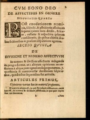 De Affectibus In Genere. Disputatio Quarta.