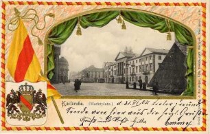 Postkartenalbum. "Karlsruhe Marktplatz". Marktplatz mit Rathaus und Pyramide