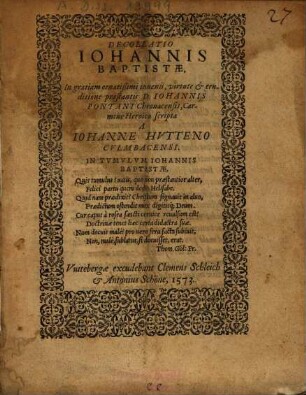 Decollatio Iohannis Baptistae : In gratiam ... D. Iohannis Pontani Chronacensis, Carmine Heroico scripta