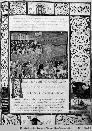 Plutarch: Vita Alexanders des Großen : Textseite mit Bordürenrahmen, ornamentaler Initiale (N) und Miniatur