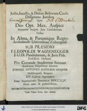 De Justis, Injustis, & Dubiis Bellorum Causis Dissertatio Juridica