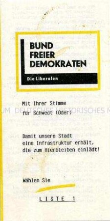 Flugblatt des Bundes Freier Demokraten mit Wahlprogramm zur Volkskammerwahl am 18. März 1990 in der DDR