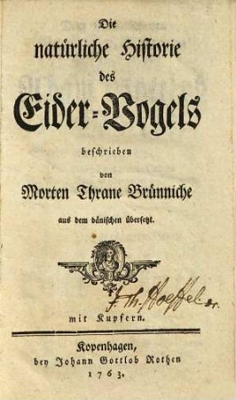Die natürliche Historie des Eider-Vogels : aus dem Dänischen übersetzt