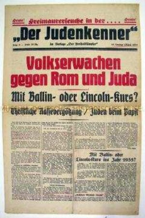 Völkisch-antisemitische Wochenzeitung "Der Judenkenner" mit Polemik gegen Judentum und Vatikan
