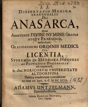 Dissertatio Medica Inauguralis De Anasarca