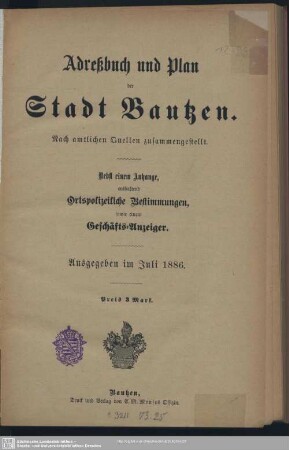 1886: Adreßbuch und Plan der Stadt Bautzen
