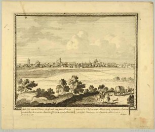 Stadtansicht von Leipzig über weite Felder von Südosten, aus Schenks Hecatompolis von 1702