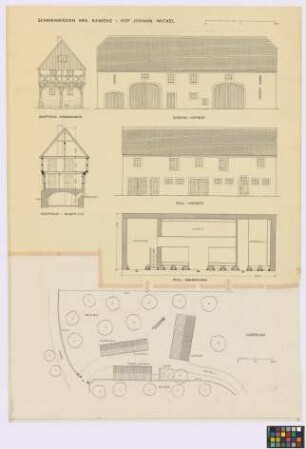 Schweinerden (Kreis Kamenz): Hof Johann Mickel. - Lageplan mit Haupthaus (Aufsicht), Schweinestall (Aufsicht), Scheune (Aufsicht), Dung (Aufsicht), Pferde- und Kuhstall (Aufsicht). - Haupthaus (Straßen-Seiten-Ansicht, Querschnitt C-D). - Scheune (Hof-Seiten-Ansicht). - Stall (Hof-Seiten-Ansicht, Grundriss des Erdgeschosses)