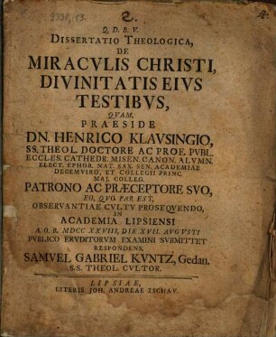 Diss. theol. de miraculis Christi, divinitatis eius testibus