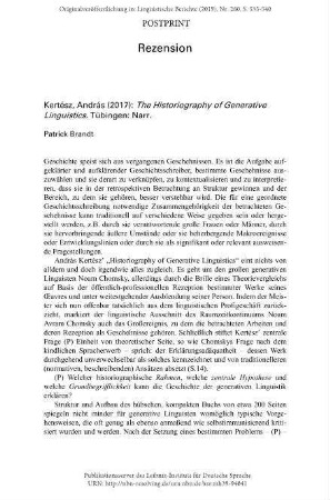 Kertész, András (2017): The historiography of generative linguistics. Tübingen: Narr. [Rezension]
