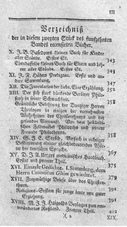 Verzeichniß der in diesem zweyten Stück des funfzehnten Bandes recensirten Bücher.
