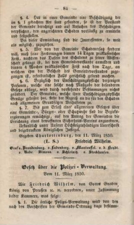 Gesetz über die Polizei-Verwaltung. Vom 11. März 1850.