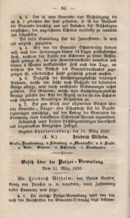 Gesetz über die Polizei-Verwaltung. Vom 11. März 1850.