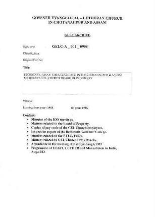 SECRETARY, KSS OF GEL CHURCH IN THE CHOTANAGPUR & ASSAM SECRETARY,GEL CHURCH BOARD OF PROPERTY