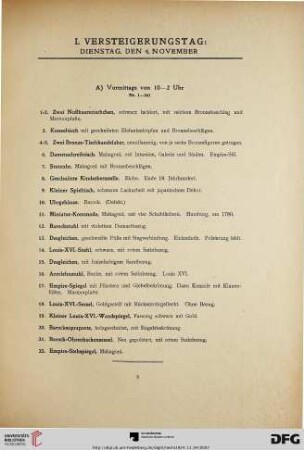 I. Versteigerungstag: Dienstag, den 4. November (Nr. 1-400)