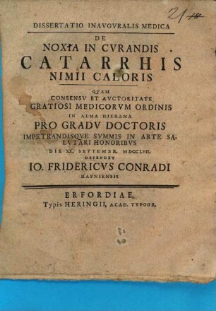 Dissertatio Inavgvralis Medica De Noxia In Cvrandis Catarrhis Nimii Caloris