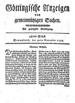 48tes Stück. Sonnabend, den 30ten November 1776.