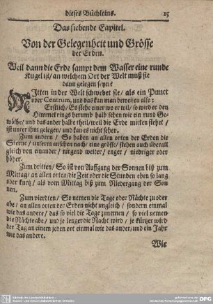 Das siebende Capitel. Von der Gelegenheit und Grösse der Erden.