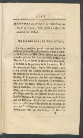 Discours du Président de l'Assemblée du Clergé de France, relativement à l'affaire du Cardinal de Rohan