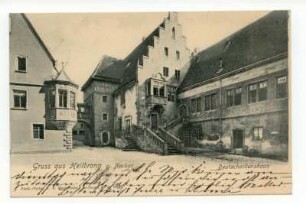 "Gruß aus Heilbronn", "Deutschordenshaus" - kleiner Deutschhof mit Freitreppe, Staffelgiebelhaus und Komturwappen-Erker