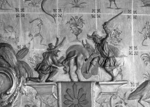 Innendekoration des Porzellanzimmers — Drolerien und Grotesken — Zwei Gefährten mit Esel