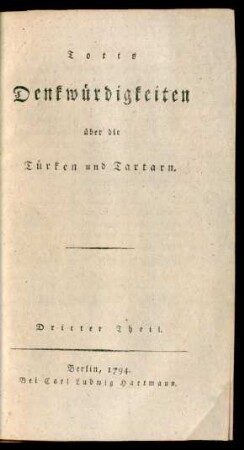 Th. 3: Totts Denkwürdigkeiten über die Türken und Tartarn