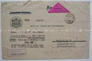 Briefumschlag des Königlich Preußischen Ministeriums des Innern, gerichtet an Landrat Dr. Graf von Wartensleben; Berlin, 1919