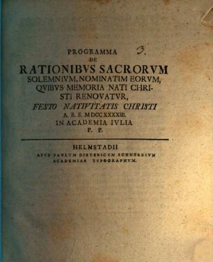 Programma de rationibus sacrorum solemnium, nominatim eorum, quibus memoria nati Christi renovatur