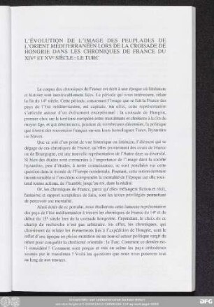 L՚Évolution De L՚Image Des Peuplades De L՚Orient Méditerranéen Lors De La Croisade De Hongrie Dans Les Chroniques De France Du XIVe Et XVe Siècle: Le Turc