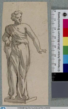 Stehende männliche Figur mit ausgestrecktem linkem Arm (nach einer Skulptur?)