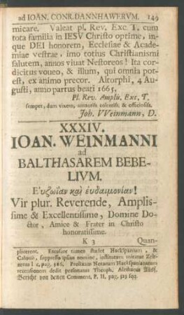 XXXIV. Ioan. Weinmanni ad Balthasarem Bebelium