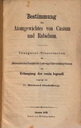 Bestimmung des Atomgewichts von Cäsium und Rubidium : Inaug. Diss.