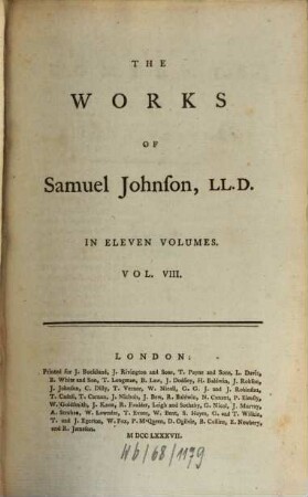 The Works Of Samuel Johnson, LL. D. : Together With His Life, And Notes On His Life Of The Poets, 8