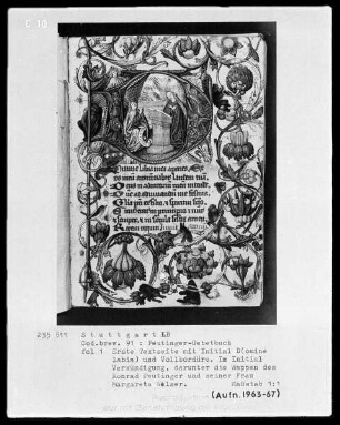 Gebetbuch des Konrad Peutinger — Initiale D (omine labia), darin Verkündigung, Folio 1recto