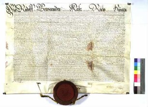 Kaiser Rudolph II. bestätigt die von König Maximilian am 20. April 1495 bzw. Kaiser Friedrich am 19. Oktober 1468 der Stadt Bopfingen erteilten Privilegien und Freiheiten unter wörtlicher Einrückung der Urkunde König Maximilians, bzw. Kaiser Friedrichs.