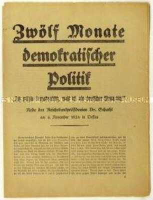 Flugschrift mit einer Rede von Hjalmar Schacht am 4. November 1924 in Dessau und Aufruf zur Reichstagswahl am 7. Dezember 1924