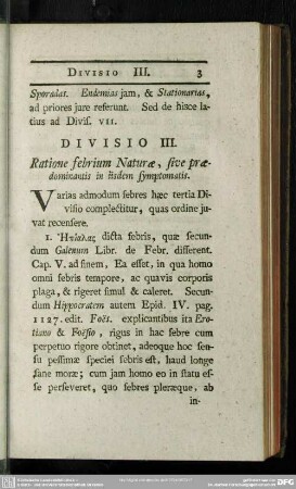 Divisio III. Ratione febrium Naturae, sive praedominantis in iisdem symptomatis